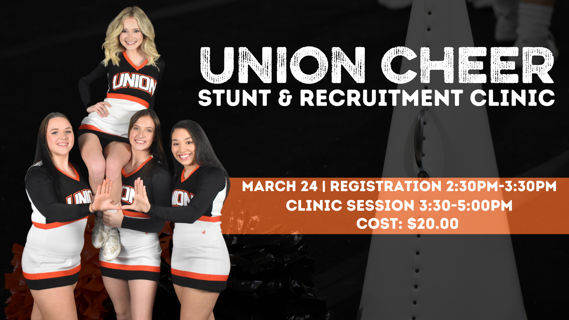 Union cheer to host a stunt and recruitment clinic on March 24